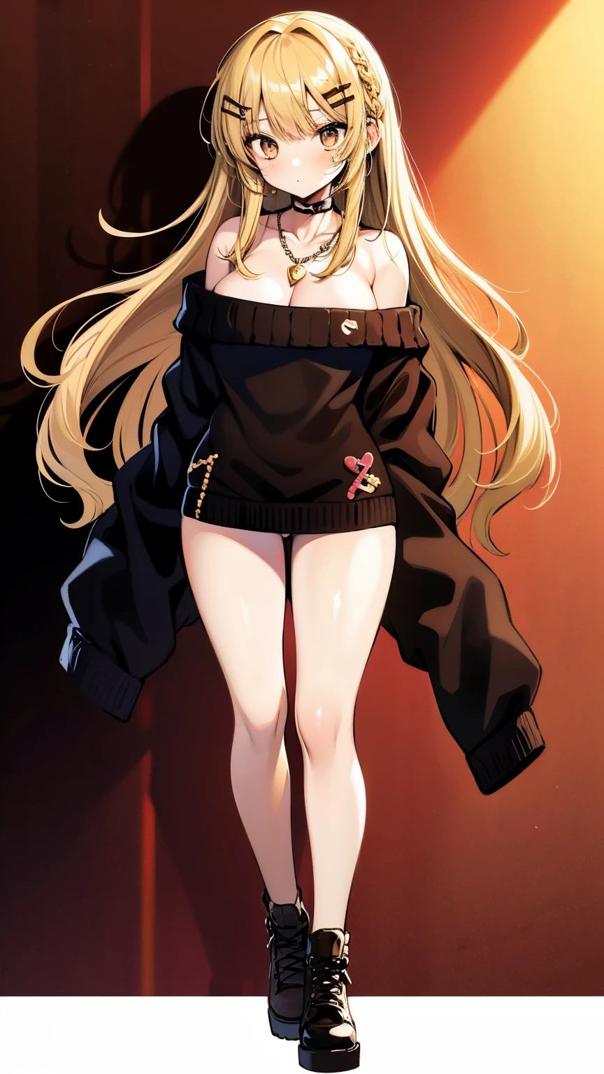1girl in, age19, Solo, Long hair, Colossal , Looking at Viewer, blondehair, Bare shoulders, Brown eyes, jewely, Full body, a necklace, off shoulders, Sweaters, Realistic, A sexy