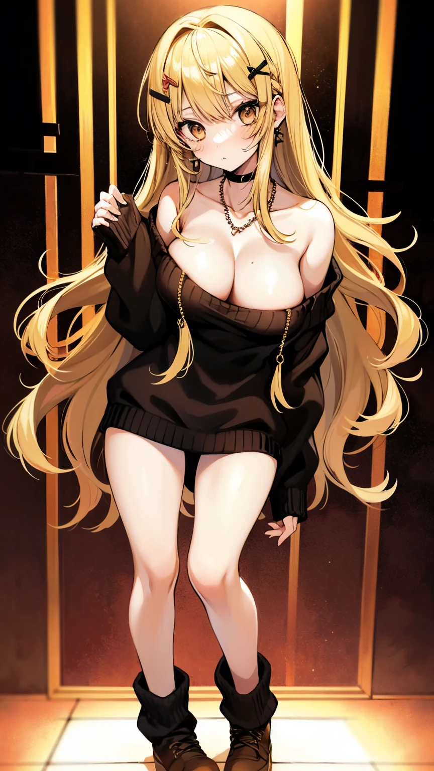 1girl in, age19, Solo, Long hair, Colossal , Looking at Viewer, blondehair, Bare shoulders, Brown eyes, jewely, Full body, a necklace, off shoulders, Sweaters, Realistic, A sexy