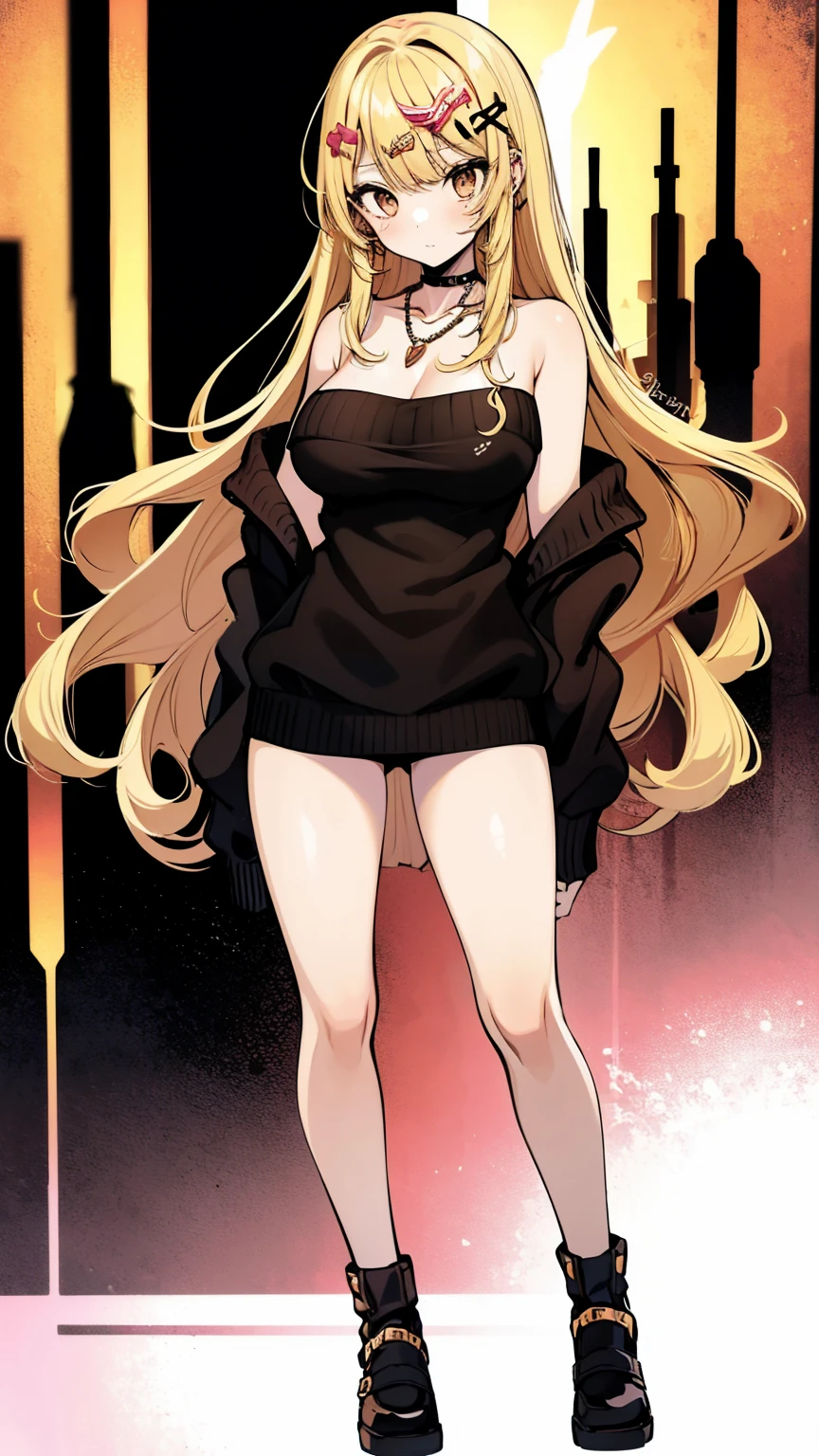 1girl in, age19, Solo, Long hair, Colossal , Looking at Viewer, blondehair, Bare shoulders, Brown eyes, jewely, Full body, a necklace, off shoulders, Sweaters, Realistic, A sexy