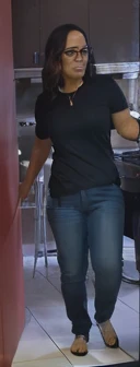 woman in black shirt and jeans standing in kitchen with a dog, middle shot waist up, uhd candid photo of dirty, distant full body shot, black extremely tight jeans, zoomed out full body, standing in a restaurant, wearing jeans, close up to a skinny, low quality video, ( ( ( wearing jeans ) ) ), full body profile camera shot