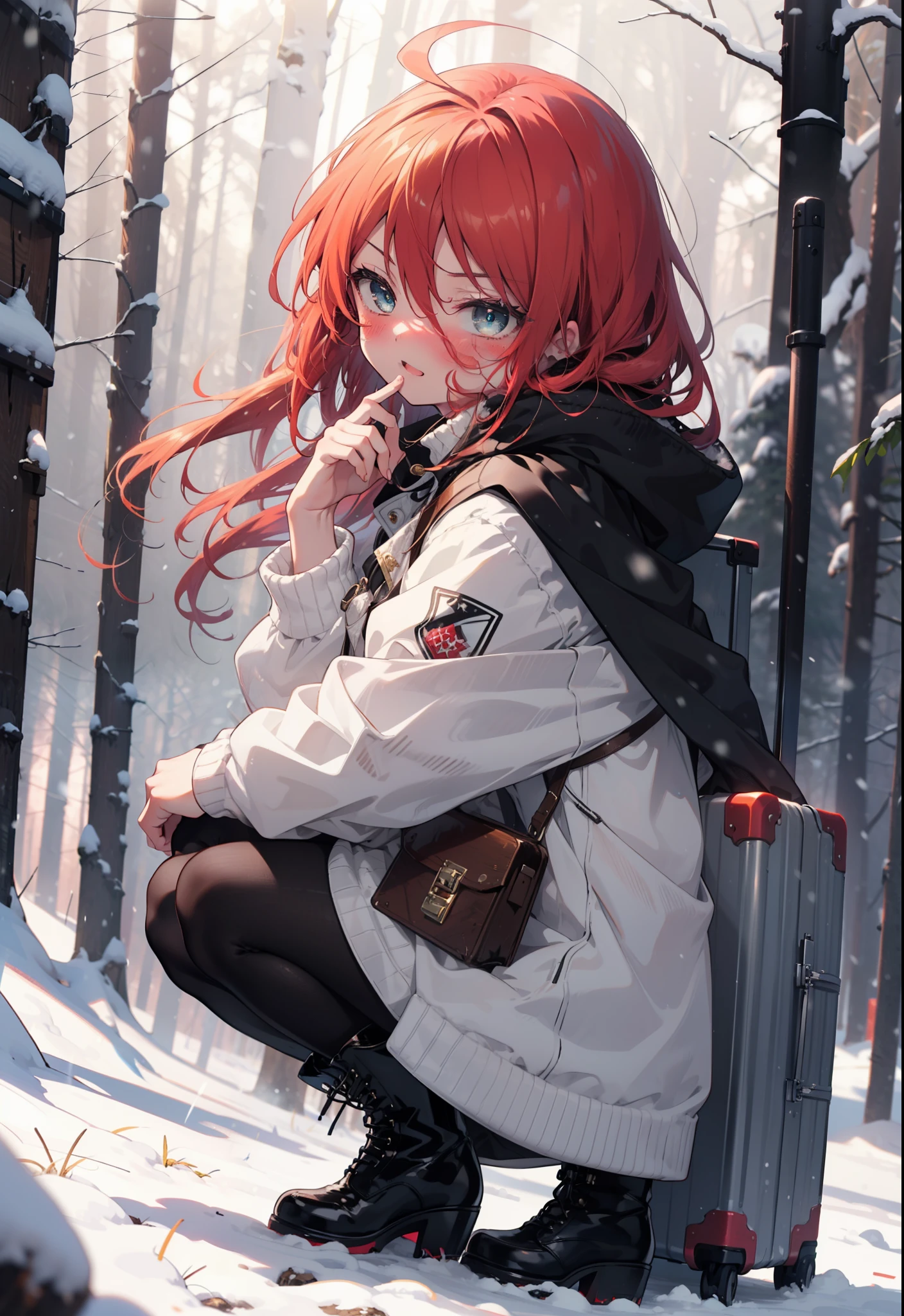 Shana,灼眼のShana,Long Hair, Redhead, Red eyes,Ahoge,,smile,blush,White Breath,
Open your mouth,snow,Ground bonfire, Outdoor, boots, snowing, From the side, wood, suitcase, Cape, Blurred, , forest, White handbag, nature, Squat, Mouth closed, Cape, winter, Written boundary depth, Black shoes, red Cape break looking at viewer, Upper Body, whole body, break Outdoor, forest, nature, break (masterpiece:1.2), Highest quality, High resolution, unity 8k wallpaper, (shape:0.8), (Beautiful and beautiful eyes:1.6), Highly detailed face, Perfect lighting, Extremely detailed CG, (Perfect hands, Perfect Anatomy),