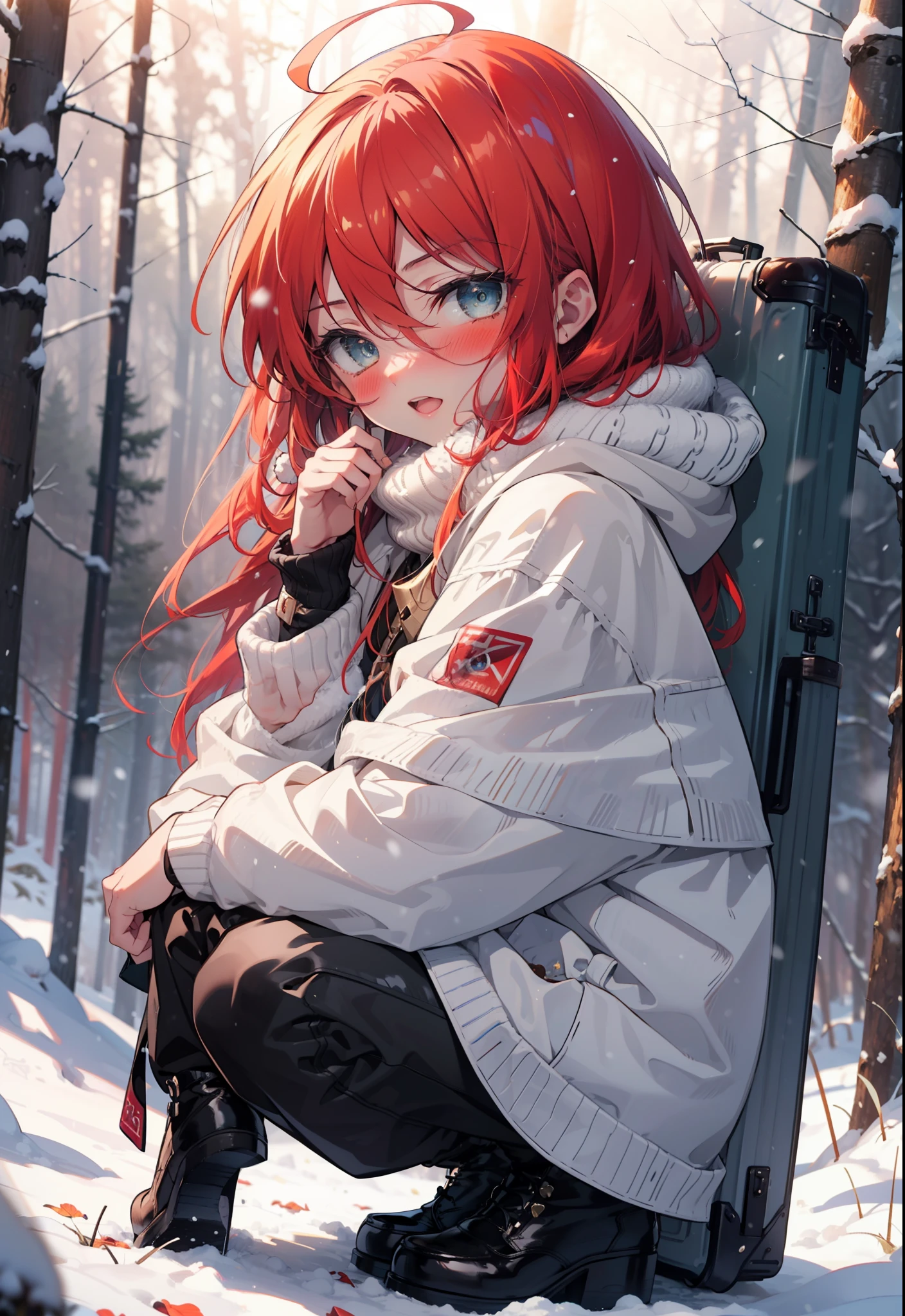 Shana,灼眼のShana,Long Hair, Redhead, Red eyes,Ahoge,,smile,blush,White Breath,
Open your mouth,snow,Ground bonfire, Outdoor, boots, snowing, From the side, wood, suitcase, Cape, Blurred, , forest, White handbag, nature,  Squat, Mouth closed, Cape, winter, Written boundary depth, Black shoes, red Cape break looking at viewer, Upper Body, whole body, break Outdoor, forest, nature, break (masterpiece:1.2), Highest quality, High resolution, unity 8k wallpaper, (shape:0.8), (Beautiful and beautiful eyes:1.6), Highly detailed face, Perfect lighting, Extremely detailed CG, (Perfect hands, Perfect Anatomy),