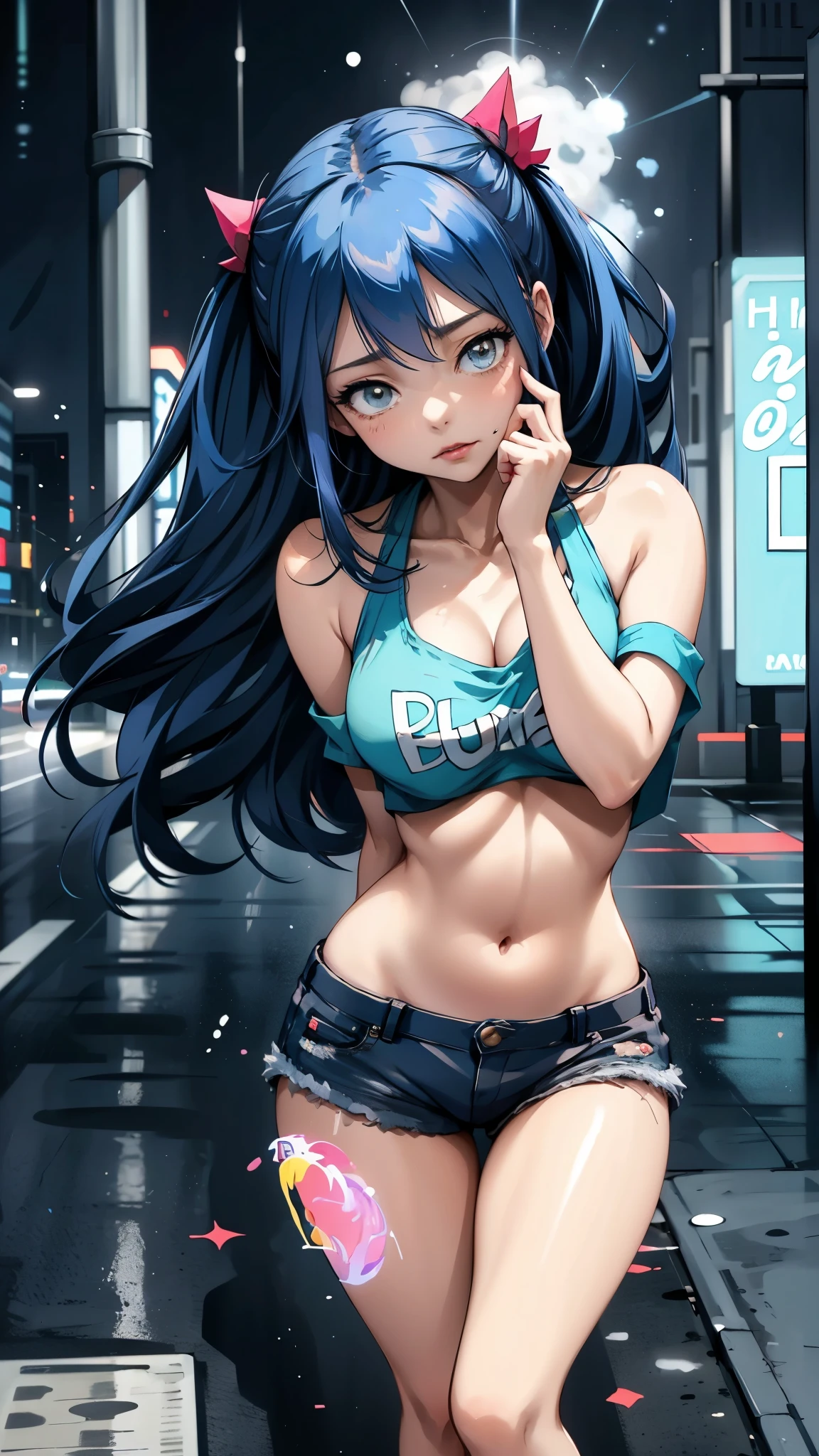 (best quality,highres:1.2),ultra-detailed,realistic,photorealistic:1.37,a beautiful girl (Wendy Marvell from Fairy Tail) model in a pop style,************,long legs,small breasts,extremely detailed face (with emphasis on azure eyes),Her blue-colored hair(twintails) falls to her shoulders.She is dressed in short black denim shorts and a short white top (very shabby and torn in places),bent down, lifting her ass to the top,more sexy pose,illustration,colorful pop art style,dynamic lighting,neon colors,Nsfw