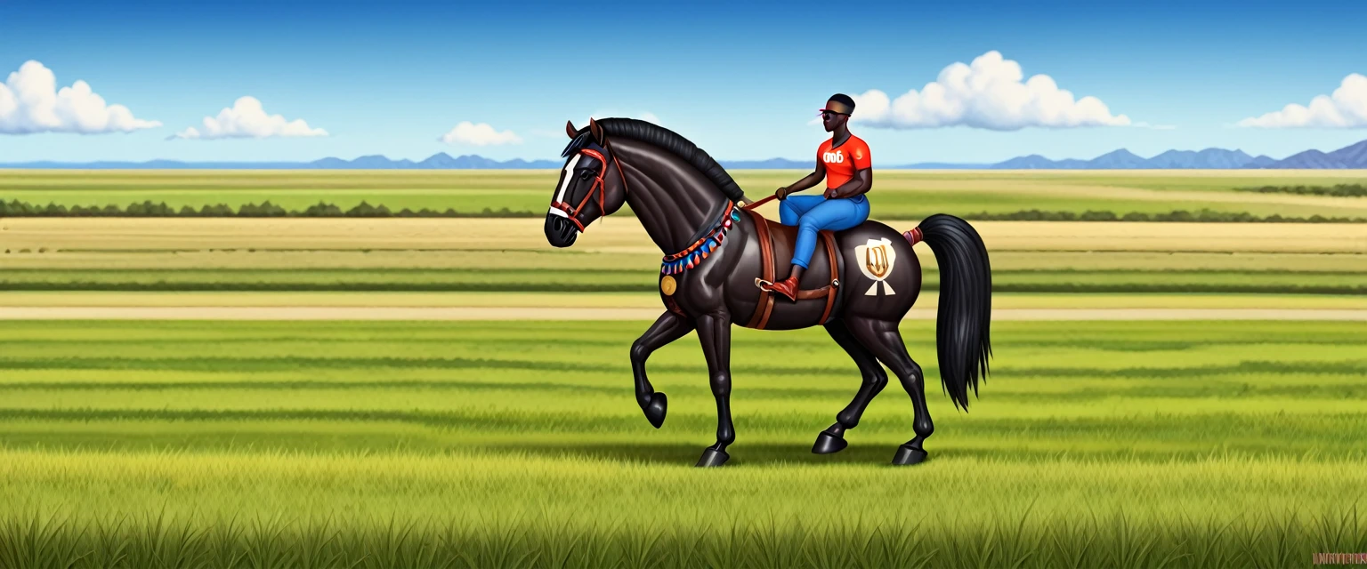 African woman (very full figured black skinned ) nude. riding big horse. big bum. flat grass meadow. cloudless blue sky.