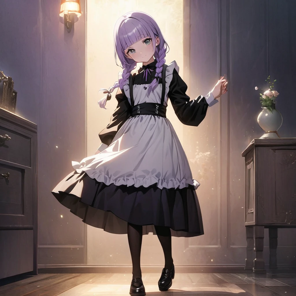 (Cute a girl:1.5), (masterpiece:1.3), anime visual, (Lovey-dovey:1.5), (tilt head:1.3), extremely delicate face, realistic lighting and shading, (an extremely delicate and beautiful art:1.3),15 years old,smiling,(pale purple wavy and blunt bangs braids hair,green and black eyes:1.5)from front,fullbody shot,full body shot,White brim, black gothic maid outfit, black knee-high socks, leather shoes,night lit,The girl is drinking hot milk before bedtime,