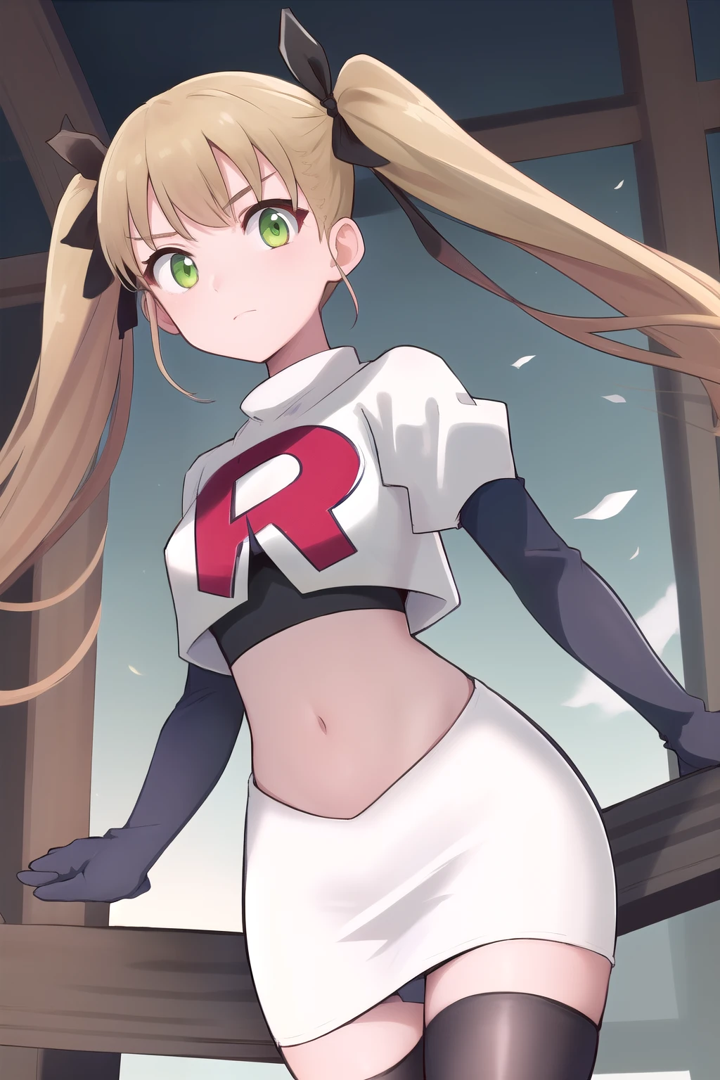 masterpiece, best quality, highres, 1girl twintails hair ribbon, green eyes, team rocket,team rocket uniform,white skirt,red letter R,crop top,black thigh-highs,black elbow gloves