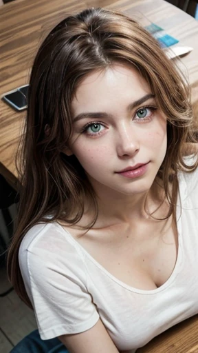 White woman, 35 years old, Brown hair, long hair, messy hair, simetric face, Green eyes, Nice body, awkward smile, shy, shoulder out, leaning over the table, cleavage, overlapping t-shirt, loose t-shirt, camera from above, deep neckline. White man looking to the woman.