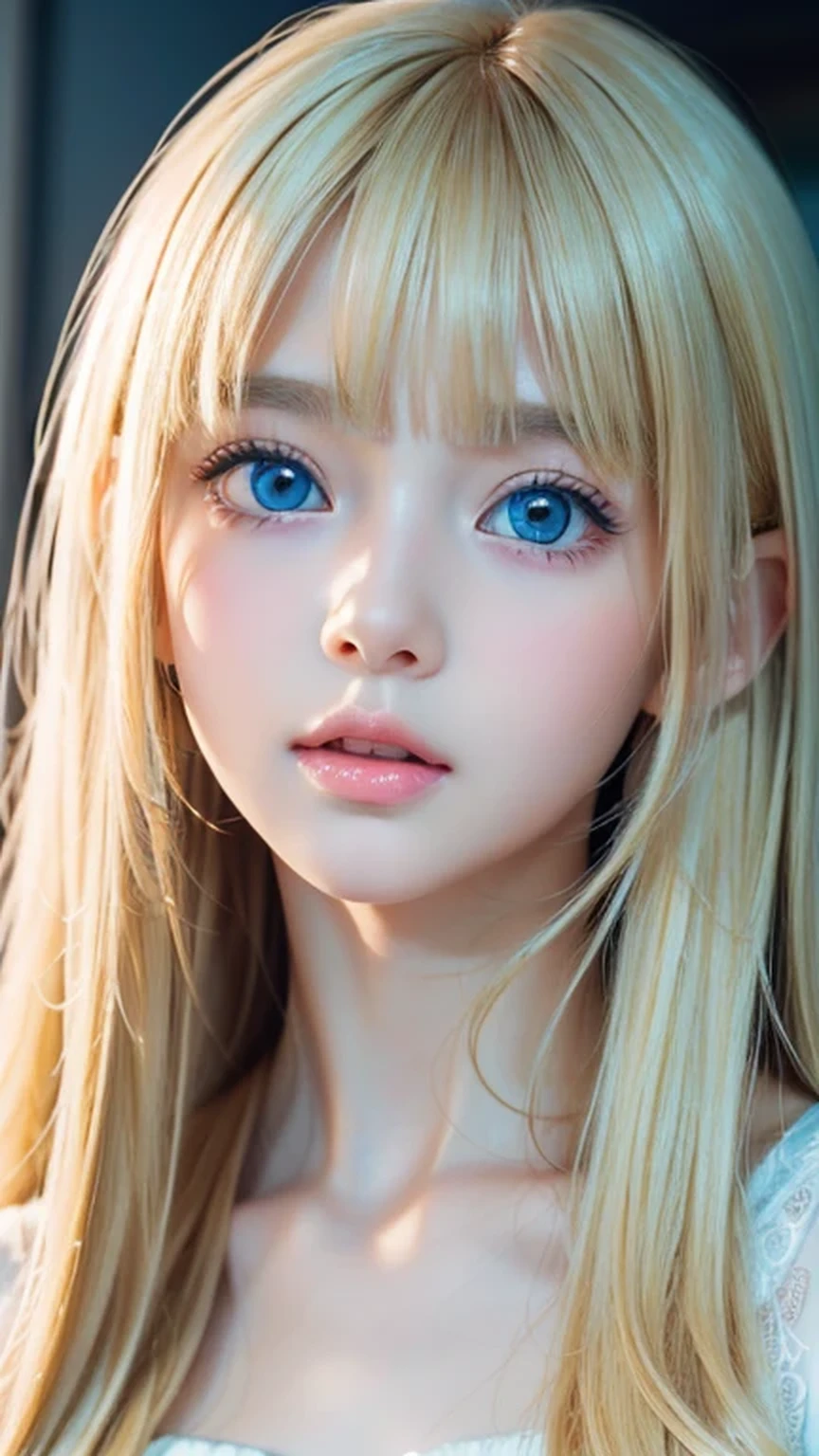 high quality、最high quality、Photorealistic、Raw photo、Real、超Real8K CG、Super detailed、High resolution、masterpiece、1 Girl、Super long hair、Light blonde hair、Bright Blue Eyes、Detailed face and eyes、Close-up、Intricate details、Detailed Texture、details、details、A perfectly beautiful face、Messy silky beautiful light blonde hair、Beautiful cute girl 、Very beautiful beautiful bright pale sky blue big eyes、Very super long beautiful blonde silky shiny hair、Long beautiful bangs、Very big eyes、Small Face Beauty、eyeliner、very white shiny skin、Gloss Face、Cheek gloss、Hair above the eyes、片Hair above the eyes、Hair between the eyes、