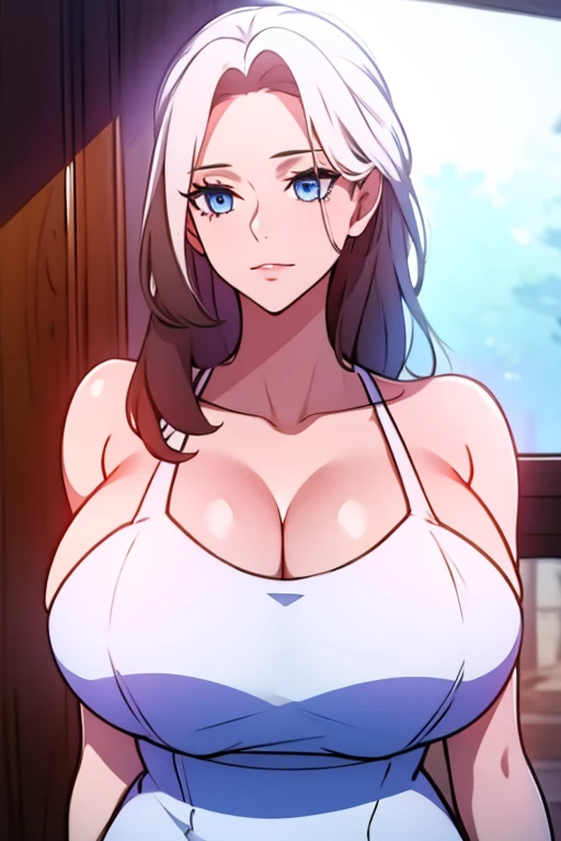 busty girl, by white, white eyes, with white dress