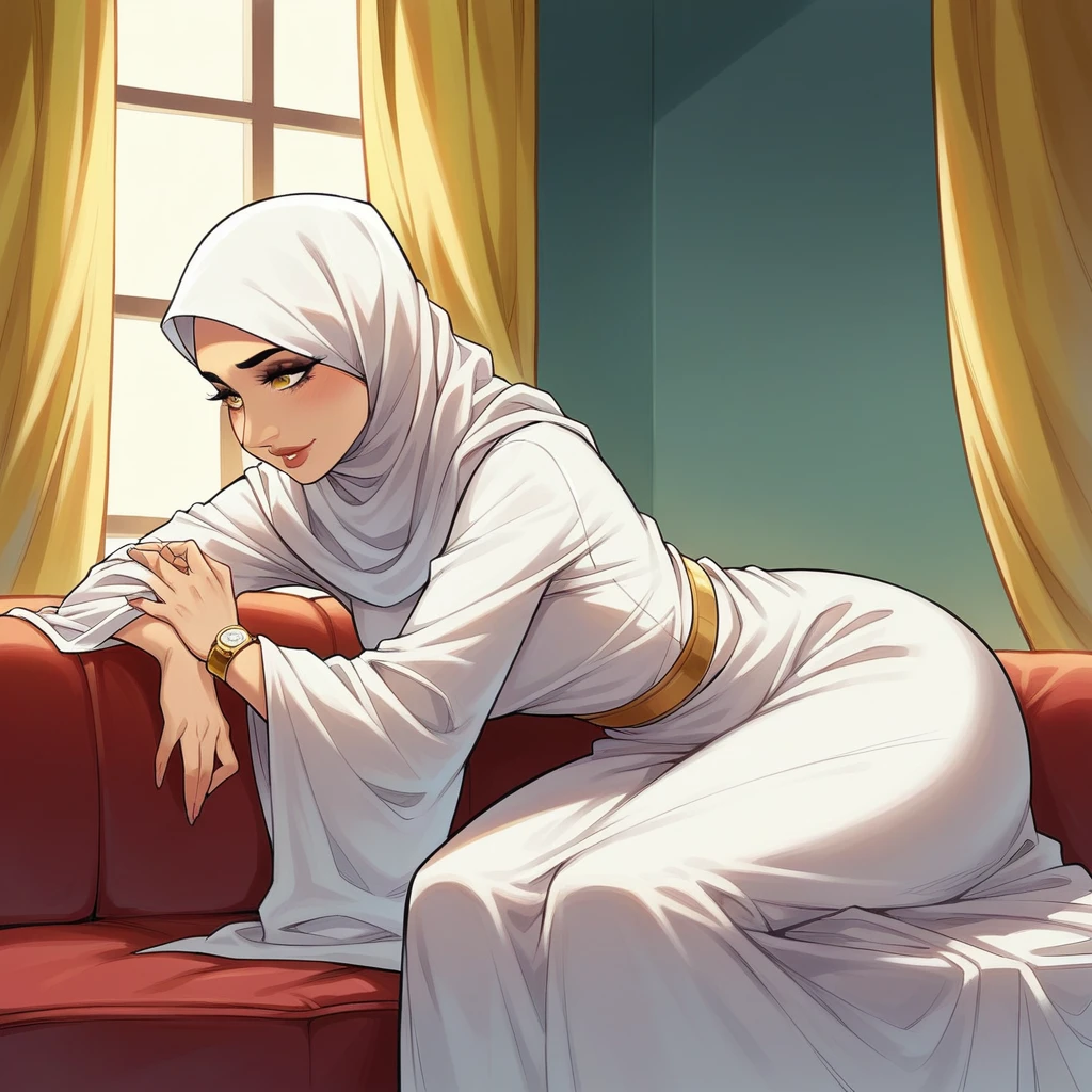 a beautiful Indonesian woman, wearing a hijab, wearing a long white dress, a gold bracelet on her right hand, a watch on her left hand, sitting on a red sofa in the corner of her living room, several family photos hanging on the purple wall, gold yellow curtains on the window.