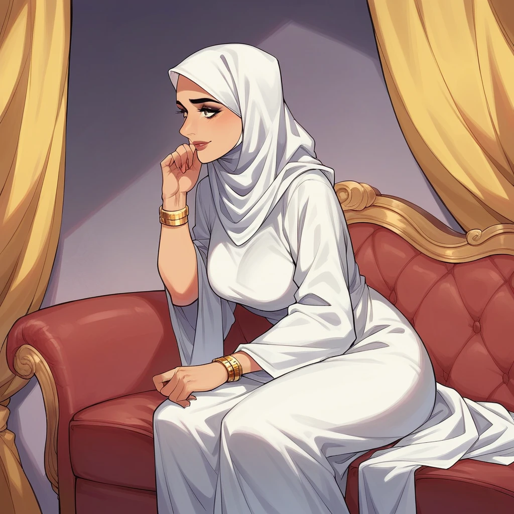 a beautiful Indonesian woman, wearing a hijab, wearing a long white dress, a gold bracelet on her right hand, a watch on her left hand, sitting on a red sofa in the corner of her living room, several family photos hanging on the purple wall, gold yellow curtains on the window.