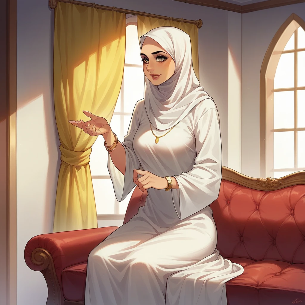a beautiful Indonesian woman, wearing a hijab, wearing a long white dress, a gold bracelet on her right hand, a watch on her left hand, sitting on a red sofa in the corner of her living room, several family photos hanging on the purple wall, gold yellow curtains on the window.