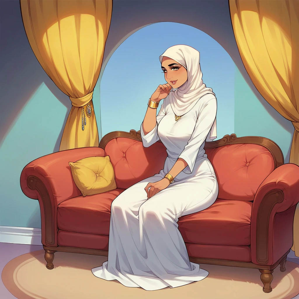 a beautiful Indonesian woman, wearing a hijab, wearing a long white dress, a gold bracelet on her right hand, a watch on her left hand, sitting on a red sofa in the corner of her living room, several family photos hanging on the purple wall, gold yellow curtains on the window.