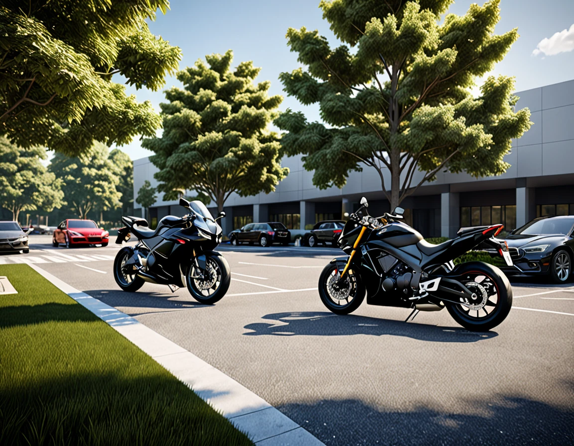 black motorcycle parke, cars parked in a parking lot with trees in the foreground,university parking, detailed rendering, a photorealistic rendering, realistic rendering, photorealistic rendering, realistic scene, photorealistic streetscape, cg rendering, rendered in lumion pro, realistic physical rendering, digital rendering, beautiful rendering, 3d rendering!, 3 d rendering!, hyper detailed scene, architectural rendering