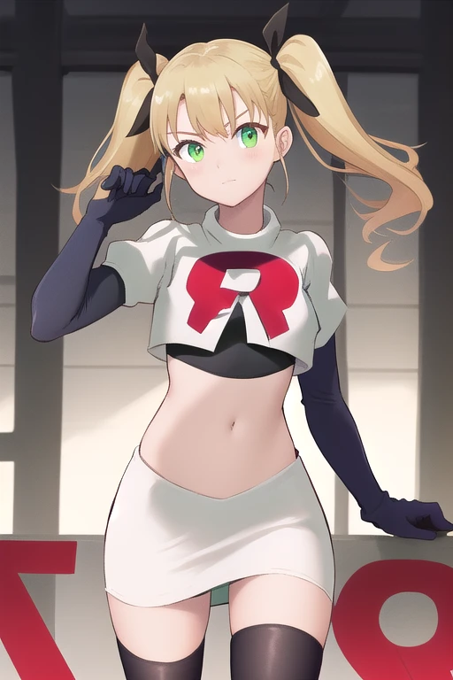 masterpiece, best quality, highres, 1girl twintails hair ribbon, green eyes, team rocket,team rocket uniform,white skirt,red letter R,crop top,black thigh-highs,black elbow gloves