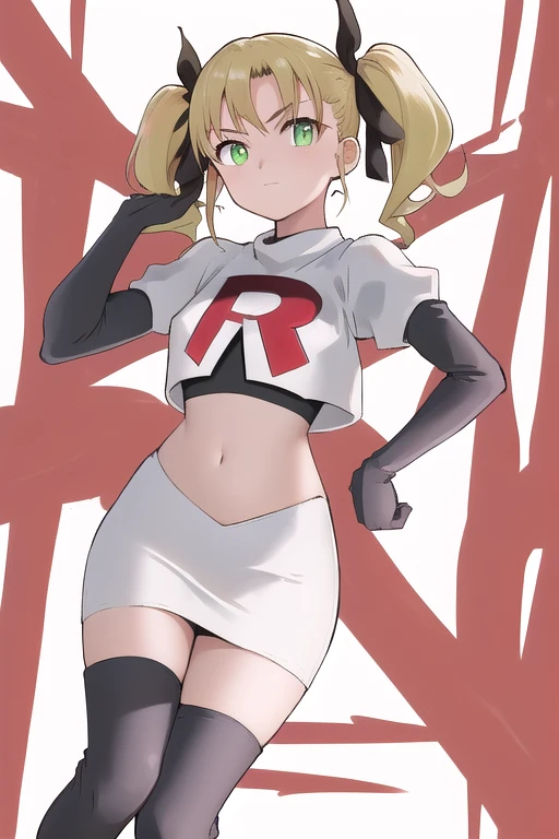 masterpiece, best quality, highres, 1girl twintails hair ribbon, green eyes, team rocket,team rocket uniform,white skirt,red letter R,crop top,black thigh-highs,black elbow gloves