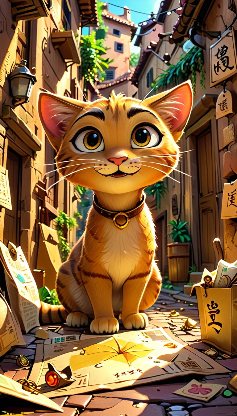 A cute big ginger cat finds an old treasure map in a quiet alley。There are old walls and garbage bags scattered around.、The light of the setting sun is shining in。A cute big ginger cat finds an old treasure map lying on the ground.、His eyes are shining。The map has「Where is the great treasure?」it is written like this。