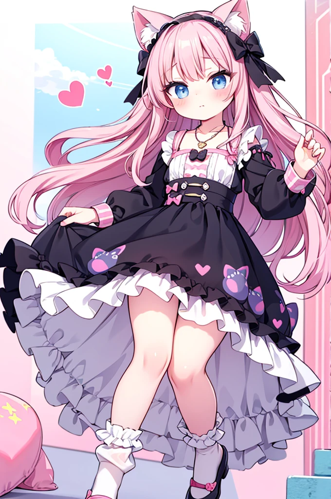 
### General description - **Name:** Alex Kimura
- **Age:** 19 years - **gender:** masculine

### Appearance - **height:** 1.60 meters - **fur:** Clear with a slight pink tone, smooth and without imperfections - **Hair:** long and loose, pastel pink, It reaches shoulder length with slightly wavy locks giving it an adorable and . She wears a headband with cat ears and a small pink bow.
- **Eyes:** Large and expressive, sky blue, with long, curled eyelashes that give it an innocent appearance - **Facial features:** Very delicate, with high cheekbones, rounded and rosy cheeks, a small nose and thin, pink lips

### Specific Clothing Set - **blouse:** Short-sleeved t-shirt in pastel pink with a kitten print and heart details on the front, decorated with a small pink bow.
- **Skirt:** Skirt corta con volantes en color rosa pastel, with white lace and small pink bows on the edges.
- **socks:** socks blancas con encaje hasta un poco más abajo de las rodillas, decorated with small pink bows.
- **shoes:** shoes de plataforma con diseño de corazones y lazos pequeños rosados.
- **accessories:**
  - Headband with cat ears and a small pink bow.
  - Pastel pink heart necklace with a kitty pendant.
  - Pastel pink star-shaped clutch bag with bow details and kitten print.

