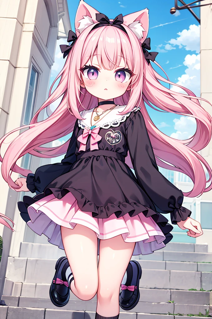 ### General description - **Name:** Alex Kimura
- **Age:** 19 years - **gender:** masculine
### Appearance - **height:** 1.60 meters - **fur:** Clear with a slight pink tone, smooth and without imperfections - **Hair:** long and loose, pastel pink, It reaches shoulder length with slightly wavy locks giving it an adorable and . She wears a headband with cat ears and a small pink bow.
- **Eyes:** Large and expressive, sky blue, with long, curled eyelashes that give it an innocent appearance - **Facial features:** Very delicate, with high cheekbones, rounded and rosy cheeks, a small nose and thin, pink lips
### Specific Clothing Set - **blouse:** Short-sleeved t-shirt in pastel pink with a kitten print and heart details on the front, decorated with a small pink bow.
- **Skirt:** Skirt corta con volantes en color rosa pastel, with white lace and small pink bows on the edges.
- **socks:** socks blancas con encaje hasta un poco más abajo de las rodillas, decorated with small pink bows.
- **shoes:** shoes de plataforma con diseño de corazones y lazos pequeños rosados.
- **accessories:**
- Headband with cat ears and a small pink bow.
- Pastel pink heart necklace with a kitty pendant.
- Pastel pink star-shaped clutch bag with bow details and kitten print.