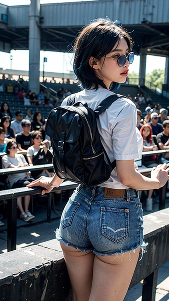 One wears black short sleeves,Black denim super shorts,Carrying a backpack,Close-up shot of blue-haired age girl in sunglasses climbing over railing,Back to the audience,Beautiful buttocks