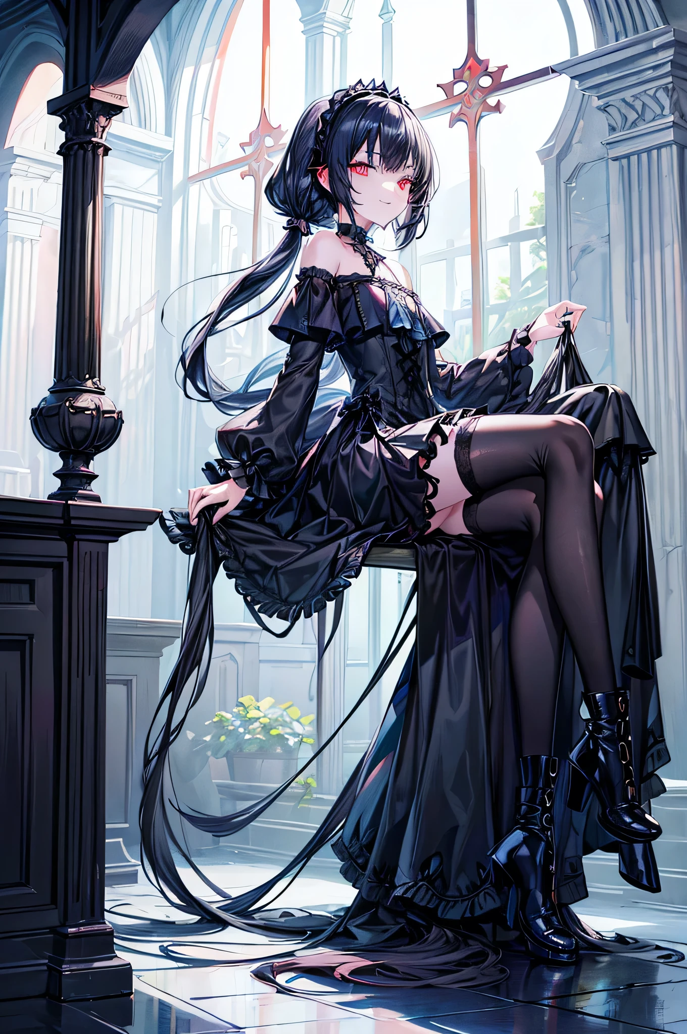 [(church background:1.4)::5],Original,(Illustration:1.1),(Best Quality),(masutepiece:1.1),(the Extremely Detailed CG Unity 8K Wallpapers:1.1), (Colorful:0.9),(mid-shot:0.95),(Full body:1.5),Dynamic Angle,(Solo:1.2), (girl),((Adult)), (Detailed beautiful eyes:1.15), (Beautiful face:1.15), (Glowing red eyes:1.25////),((dark blue long hair)),(Blunt bangs),(low twintails),(+perfect hand+:1.21),(Draw an illustration of a gothic girl),(Religious),(slender),(she has boots on her feet),((Wearing a black dress)),(Furious), Lace Off Shoulder ta Fashion,Beautiful slender woman,((Evil smile)),Dark blue short hair,Dark blue short hair,Laugh,evil smile,