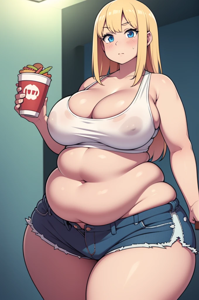 ((Masterpiece)), perfect anatomy, perfect shading, field of depth, (best quality), extremely delicate and beautiful, perfect lighting, detailed face, ultra cute face, cute, (1girl), (solo),

long fluffy blonde hair, blue eyes, ((blush)), nervous, looking at viewer, tank top, shorts, cleavage, large breasts, (((thick thighs))), ((wide hips)), plump, chubby belly, belly grab,

intricate background, detailed background, fast food restaurant, standing, 
