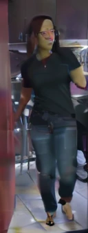 woman in black shirt and jeans standing in kitchen with a dog, middle shot waist up, uhd candid photo of dirty, distant full body shot, black extremely tight jeans, zoomed out full body, standing in a restaurant, wearing jeans, close up to a skinny, low quality video, ( ( ( wearing jeans ) ) ), full body profile camera shot