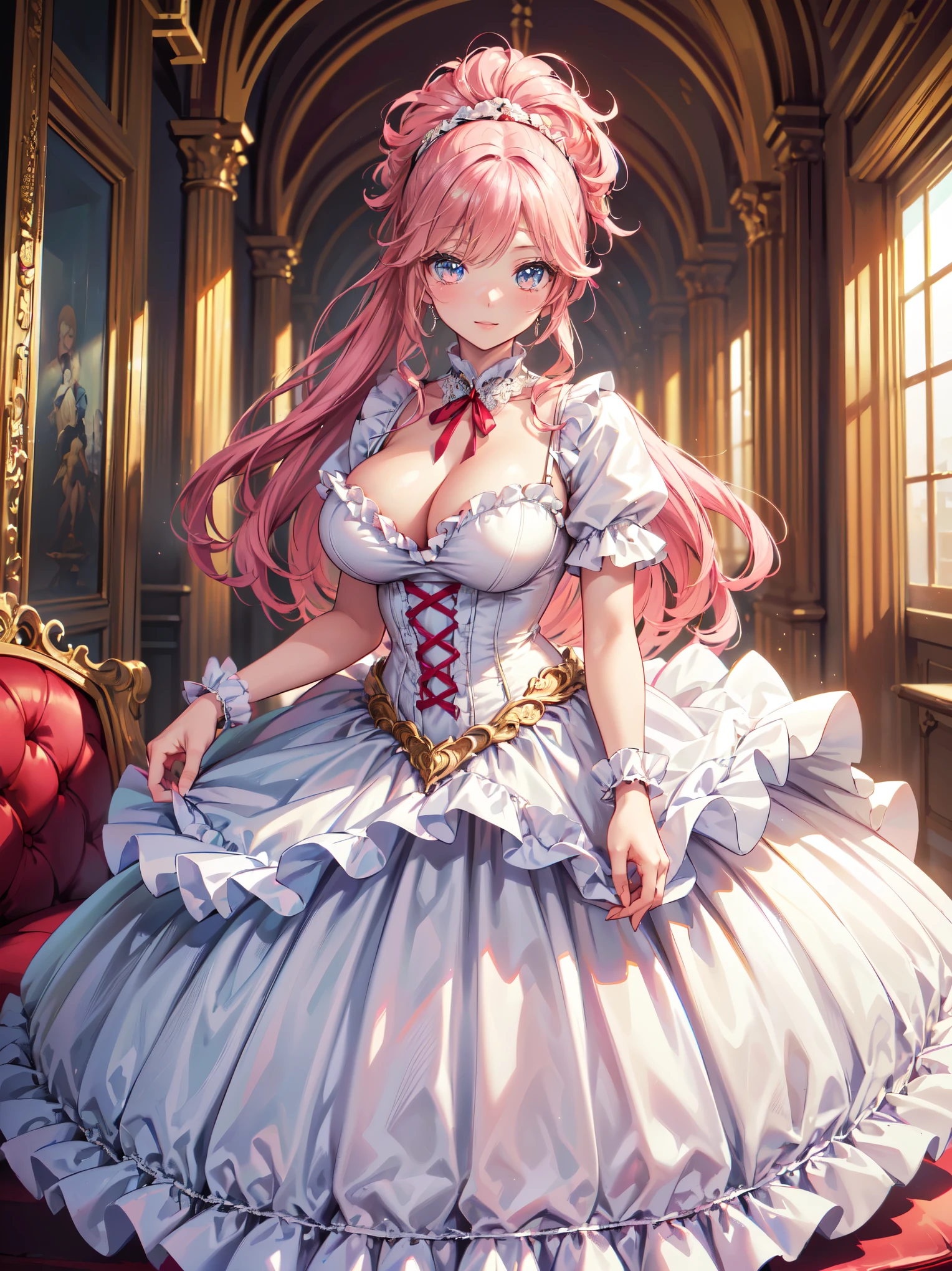 (Moe anime art style:1.2), (masterpiece), (((Highest quality))), (((Ultra-high resolution))), (8K), (Very detailed), (((solo girl))), (18 years old), ((full body)), (((Detailed and beautiful face, Beautiful Lips, Beautiful Eyes))), (((Pink Hair, Fluffy ponytail, Curly Hair, Expressive hair, very voluminous long hair))), ((Deep red taffeta material)), ((Dense lace, Long train, Lots of frills)), (((Full-length crinoline hoop skirt, Beautiful and luxurious Rococo Victorian ball gown dress))), ((Big Breasts)), Sparkling Background