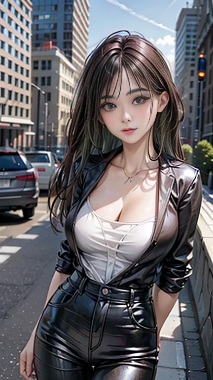  Highest quality, Realistic, Very detailed, finely, High resolution, 8k wallpaper, 1. Beautiful woman, One Girl, Perfect lighting, Green Hair,  Inner Color，Side lighting, Detailed face, bangs, White skin, Cityscape background seen from an office building,Trending Fashion