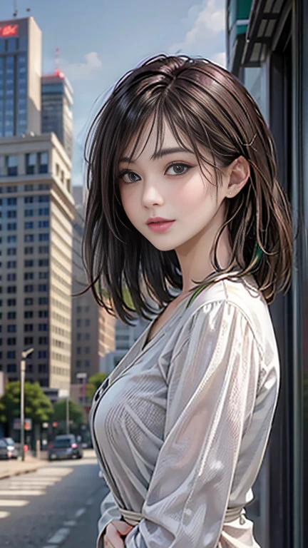 Highest quality, Realistic, Very detailed, finely, High resolution, 8k wallpaper, 1. Beautiful woman, One Girl, Perfect lighting, Green Hair, Inner Color,Side lighting, Detailed face, bangs, White skin, Cityscape background seen from an office building,Trending Fashion