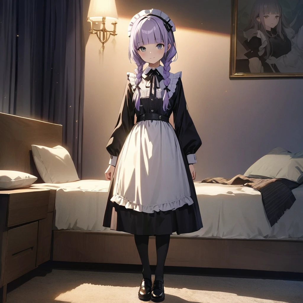 (Cute a girl:1.5), (masterpiece:1.3), anime visual, (Lovey-dovey:1.5), (tilt head:1.3), extremely delicate face, realistic lighting and shading, (an extremely delicate and beautiful art:1.3),,smiling,(pale purple wavy and blunt bangs braids hair,green and black eyes:1.5)from front,fullbody shot,full body shot,White brim, black gothic maid outfit, black knee-high socks, leather shoes,night lit,The girl is drinking hot milk before bedtime,bedroom,