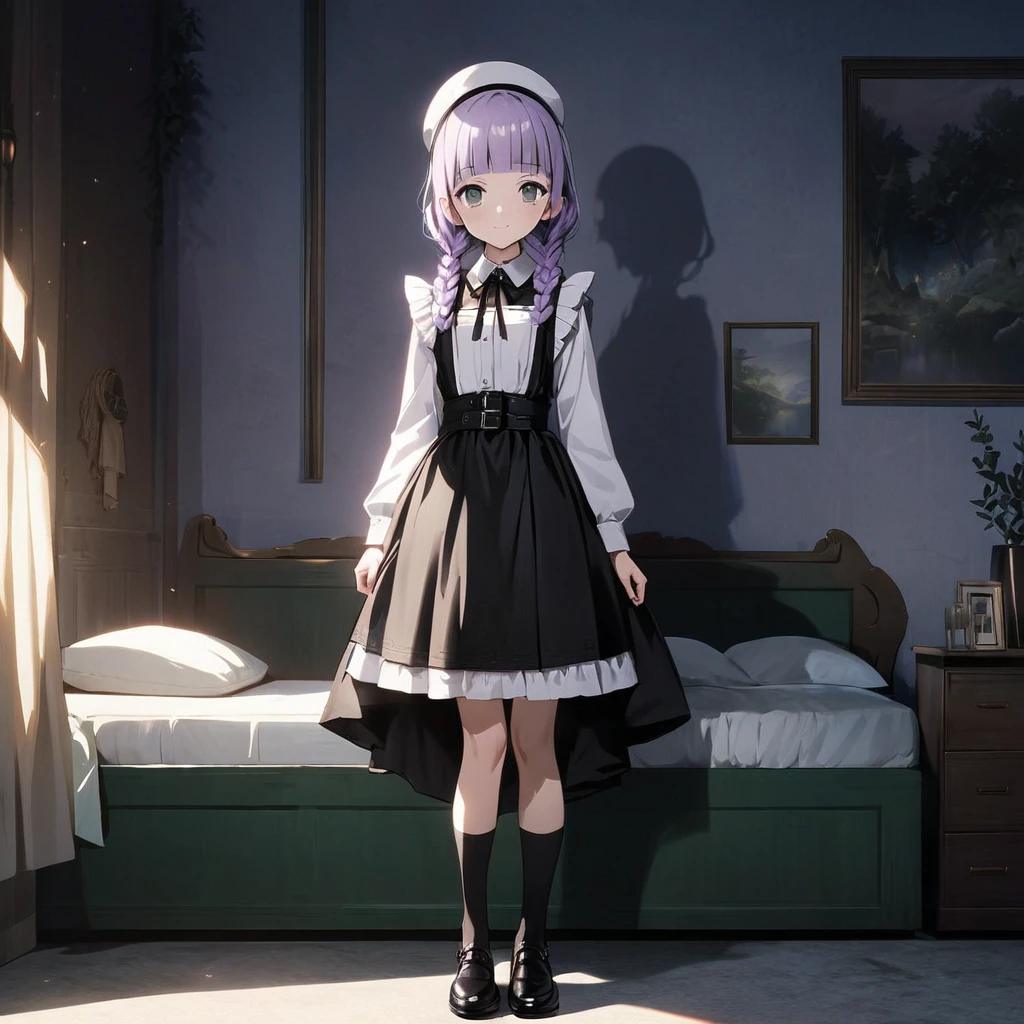 (Cute a girl:1.5), (masterpiece:1.3), anime visual, (Lovey-dovey:1.5), (tilt head:1.3), extremely delicate face, realistic lighting and shading, (an extremely delicate and beautiful art:1.3),15 years old,smiling,(pale purple wavy and blunt bangs braids hair,green and black eyes:1.5)from front,fullbody shot,full body shot,White brim, black gothic maid outfit, black knee-high socks, leather shoes,night lit,The girl is drinking hot milk before bedtime,bedroom,