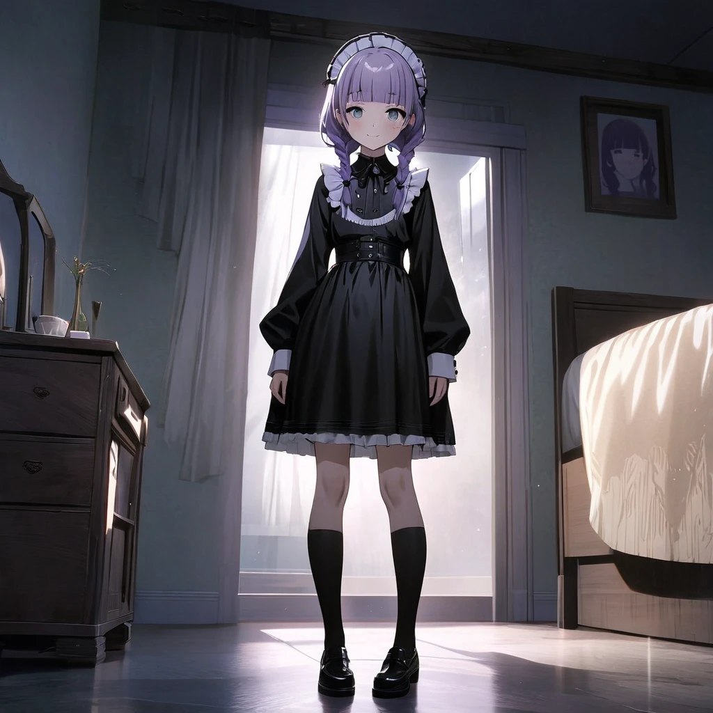 (Cute a girl:1.5), (masterpiece:1.3), anime visual, (Lovey-dovey:1.5), (tilt head:1.3), extremely delicate face, realistic lighting and shading, (an extremely delicate and beautiful art:1.3),15 years old,smiling,(pale purple wavy and blunt bangs braids hair,green and black eyes:1.5)from front,fullbody shot,full body shot,White brim, black gothic maid outfit, black knee-high socks, leather shoes,night lit,The girl is drinking hot milk before bedtime,bedroom,