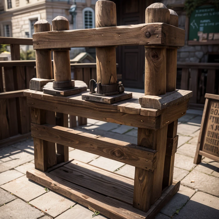 arrested and placed in a pillory for public use as punishment, a wooden framework with three holes for the head and hands, in which an offender was imprisoned and exposed to public abuse, town square, best quality, hi res, 8k, hi res, 8k, award winning , (sharp focus, intricate, highly detailed),