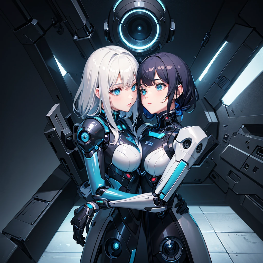 (best quality,4k,8k,highres,masterpiece:1.2), ultra-detailed, portraits, (HDR:1.1), (masterpiece:1.2) (((32k))),(((Highest quality))), masterpiece, add_detail best quality, 8k, high resolution, Poster, Futuristic, blue shades, robotic man, male robot, human girl, girl and a robot love scene, girl and robot romantic scene, girl touching the robot cheek, girl and robot kissing, girl and robot love, romantic, human girl and male robot, girl and robot in love, futuristic clothing, metallic space suit, kissing, hugging, emotional, passion, love, emotional depth), (captivating storytelling), (intriguing narrative)
