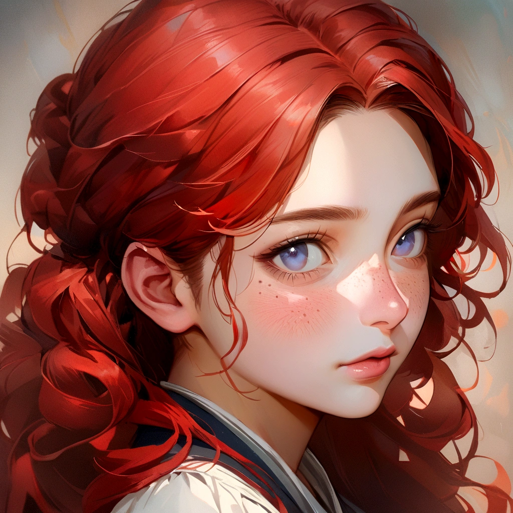 Very Detailed Photo, portrait, of a (handsome 25 years old human girl:1.3), medium-long fluffy red hair and scruffy face, giner, oil painting, freckles, many freckles on face, blue-gray background, very detailed indigo eyes, looking off center at camera, 158cm, 52kg, busty, big UHD, 8K, realism, correct