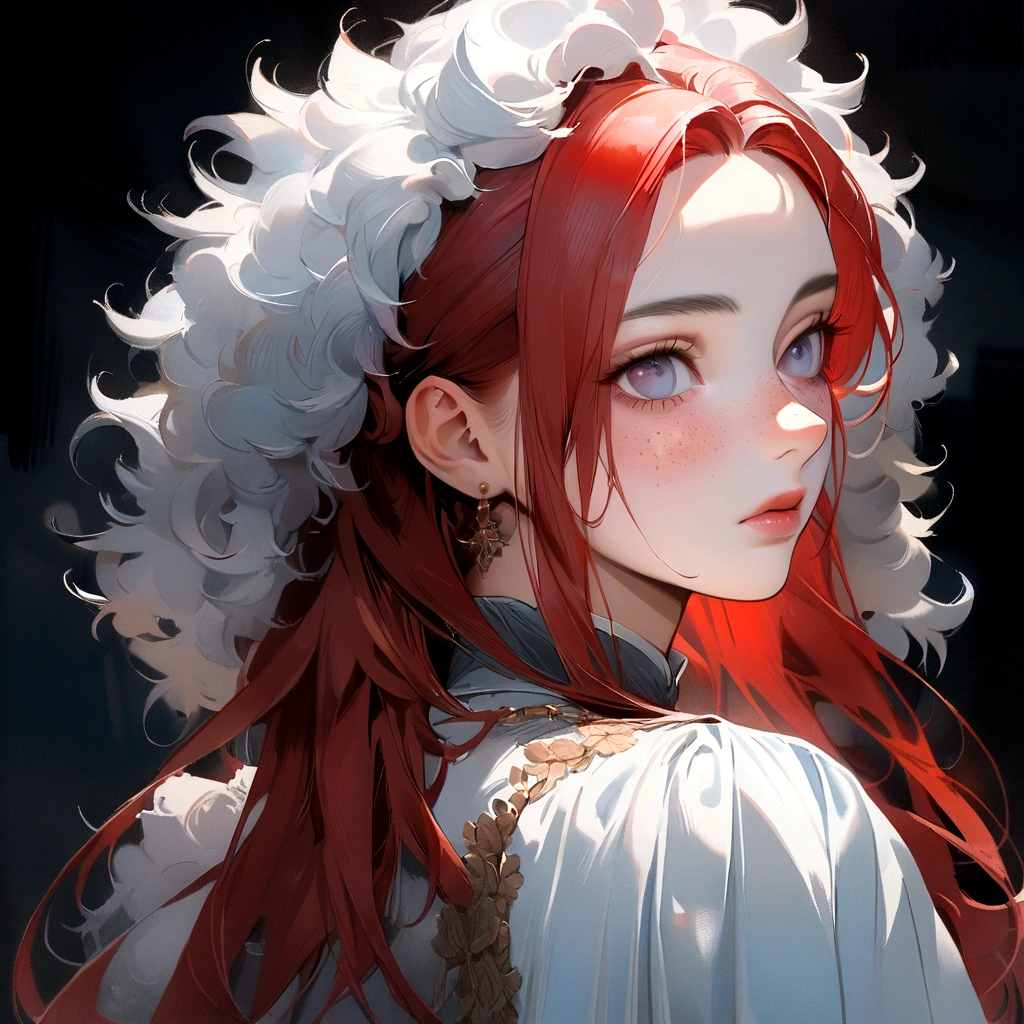 Very Detailed Photo, portrait, of a (handsome 25 years old human girl:1.3), medium-long fluffy red hair and scruffy face, giner, oil painting, freckles, many freckles on face, blue-gray background, very detailed indigo eyes, looking off center at camera, 158cm, 52kg, busty, big UHD, 8K, realism, correct
