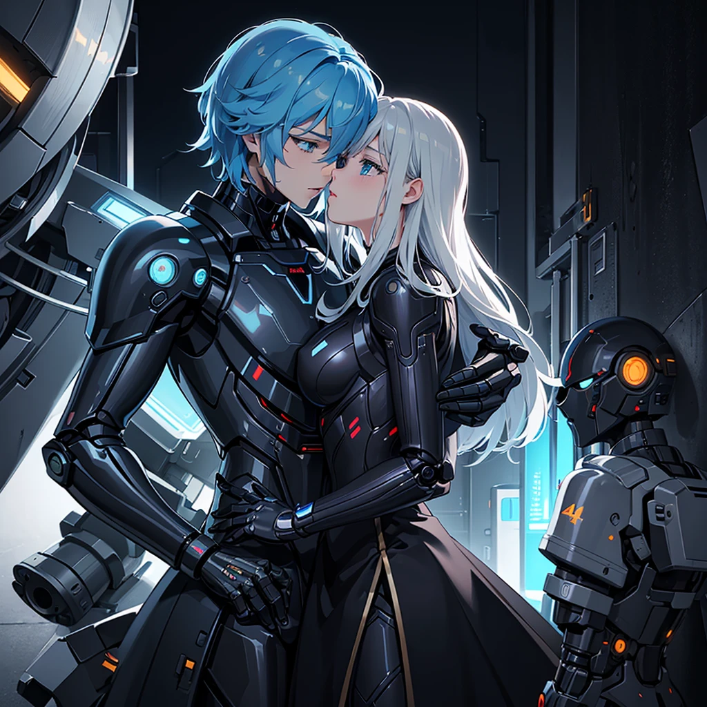 (best quality,4k,8k,highres,masterpiece:1.2), ultra-detailed, portraits, (HDR:1.1), (masterpiece:1.2) (((32k))),(((Highest quality))), masterpiece, add_detail best quality, 8k, high resolution, Poster, Futuristic, blue shades, robotic man, male robot, human girl, girl and a robot love scene, girl and robot romantic scene, girl touching the robot cheek, girl and robot kissing, girl and robot love, romantic, human girl and male robot, girl and robot in love, futuristic clothing, metallic space suit, kissing, hugging, emotional, passion, love, (emotional depth), (captivating storytelling), (intriguing narrative)