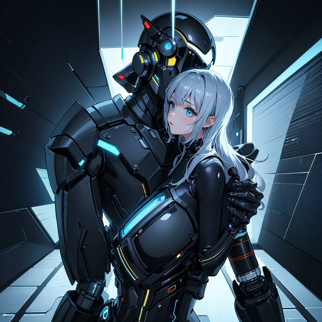 (best quality,4k,8k,highres,masterpiece:1.2), ultra-detailed, portraits, (HDR:1.1), (masterpiece:1.2) (((32k))),(((Highest quality))), masterpiece, add_detail best quality, 8k, high resolution, Poster, Futuristic, blue shades, robotic man, male robot, human girl, girl and a robot love scene, girl and robot romantic scene, girl touching the robot cheek, girl and robot kissing, girl and robot love, romantic, human girl and male robot, girl and robot in love, futuristic clothing, metallic space suit, kissing, hugging, emotional, passion, love, (emotional depth), (captivating storytelling), (intriguing narrative)