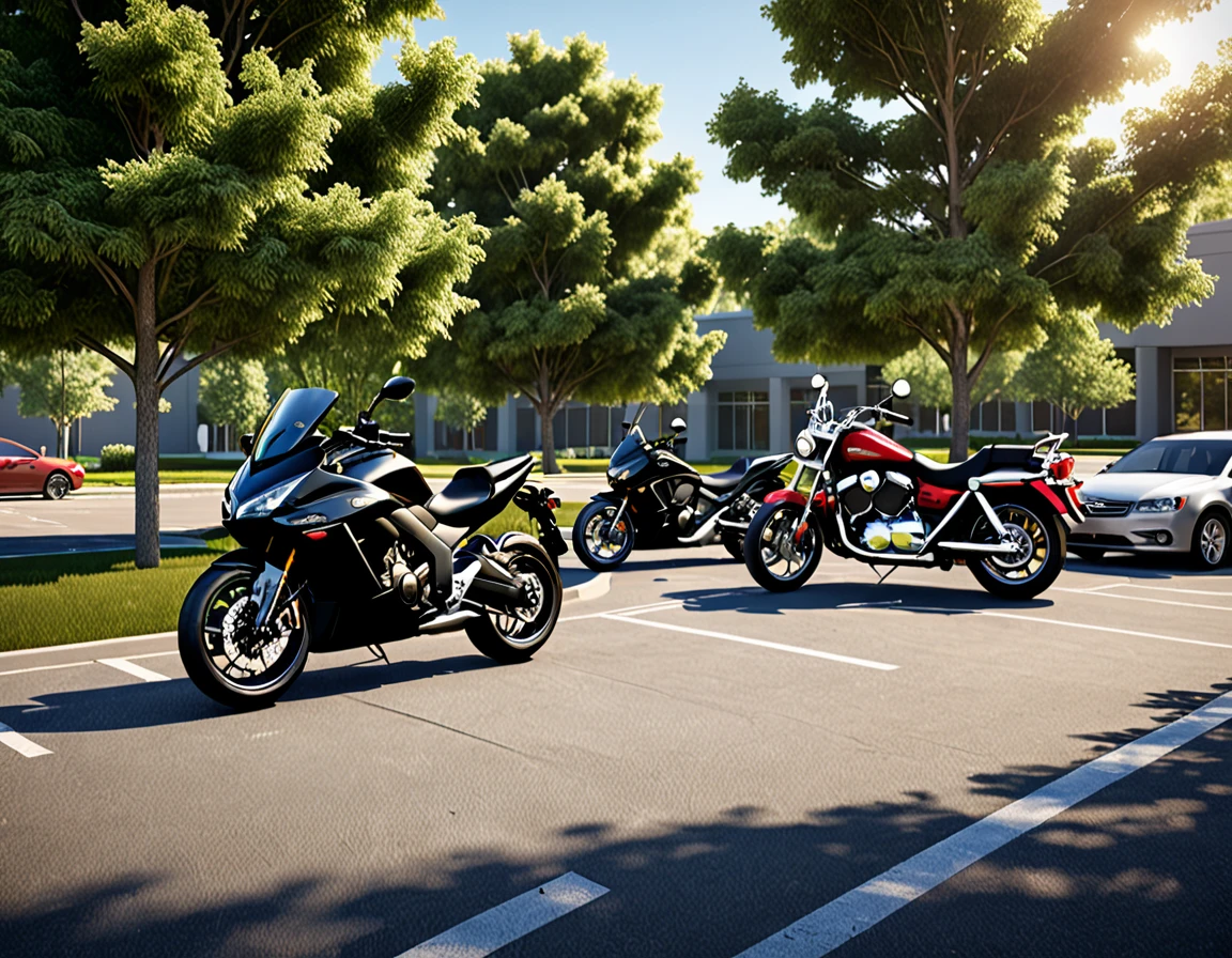 black motorcycle parke, cars parked in a parking lot with trees in the foreground,university parking, detailed rendering, a photorealistic rendering, realistic rendering, photorealistic rendering, realistic scene, photorealistic streetscape, cg rendering, rendered in lumion pro, realistic physical rendering, digital rendering, beautiful rendering, 3d rendering!, 3 d rendering!, hyper detailed scene, architectural rendering