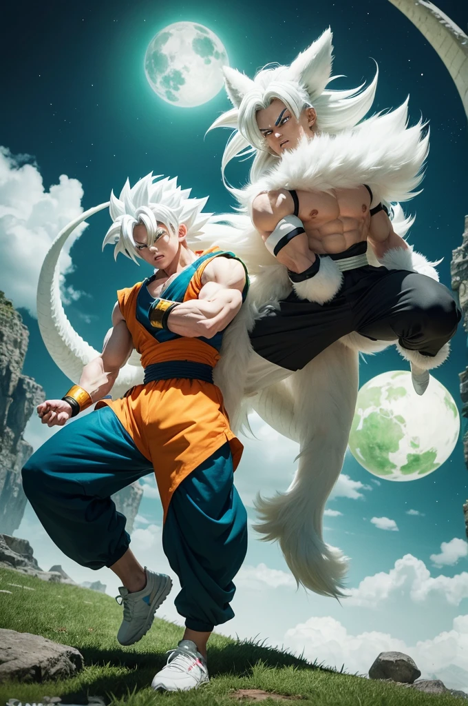 Create a Saiyan Man with Big White Hair and White Fur on his arms and white fur covering the lower part of his belly and sinister black eyes and his skin is brown and he is Muscular and he has a white tail and his pants are green and his sneakers orange with green belt and his yellow Aura and he is in a fighting pose the setting is an island with a beautiful river and the ground full of grass and green (アニメ/Full Body) (dragon ball style)