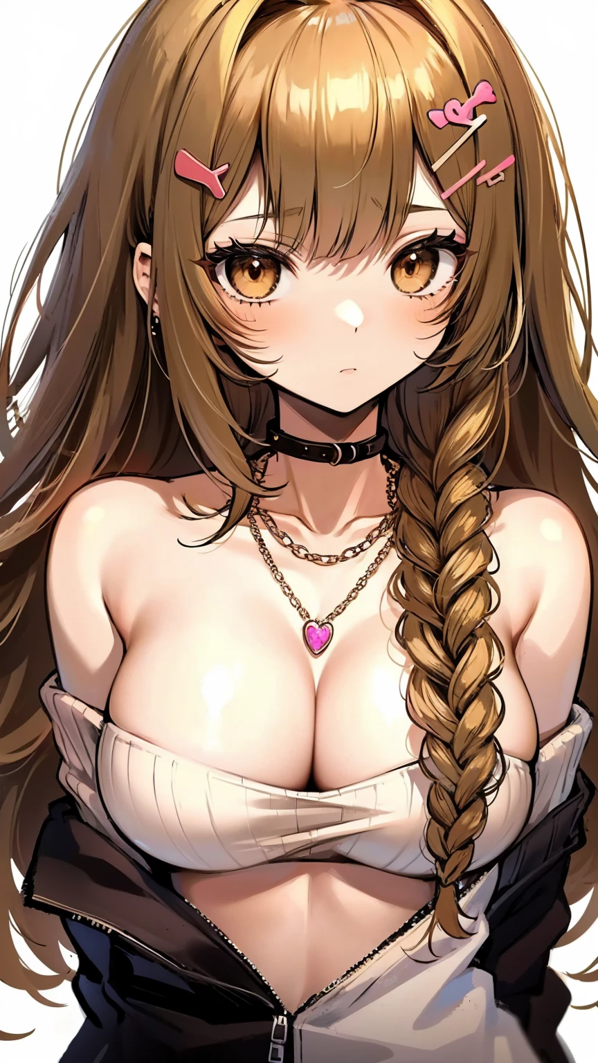 1girl in, age19, Solo, Long hair, Colossal , Looking at Viewer, blondehair, Bare shoulders, Brown eyes, jewely, Full body, a necklace, off shoulders, Sweaters, Realistic, A sexy, (Close Up on upper body), 