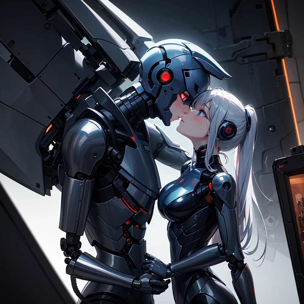 (best quality,4k,8k,highres,masterpiece:1.2), ultra-detailed, portraits, (HDR:1.1), (masterpiece:1.2) (((32k))),(((Highest quality))), masterpiece, add_detail best quality, 8k, high resolution, Poster, Futuristic, blue shades, robotic man, male robot, human girl, girl and a robot love scene, girl and robot romantic scene, girl touching the robot cheek, girl and robot kissing, girl and robot love, romantic, human girl and male robot, girl and robot in love, futuristic clothing, metallic space suit, kissing, hugging, emotional, passion, love, (emotional depth), (captivating storytelling), (intriguing narrative)