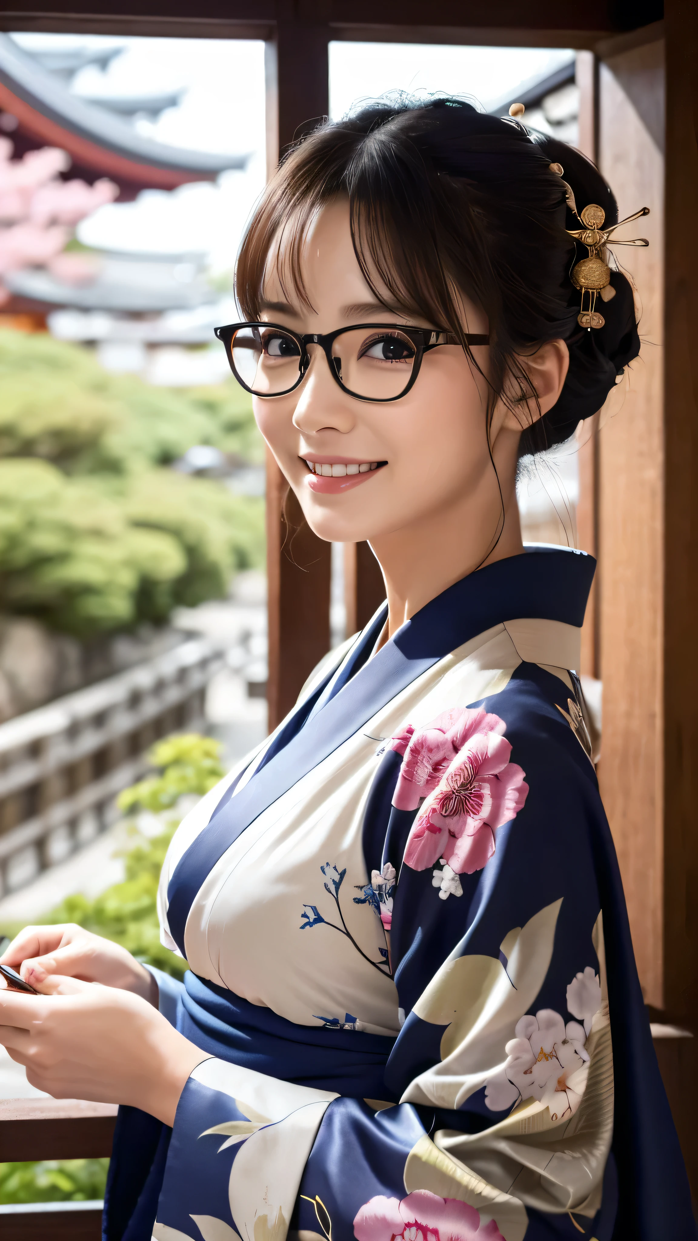 (Super beautiful woman in kimono)、((highest quality、8K masterpiece:1.3))、sharp focus:1.2、(super beautiful face:1.0)、(shiny skin:1.0)、realistic pictures、black hair、video lighting、High resolution eyes and face、video lighting、japanese actress、from the front、big breasts、with a happy smile、Slender abs beauty、whole body、wearing a kimono、in Kyoto、(((luxury obi)))、In Kyoto at night、wearing glasses with no edge、Brush your hair up with your fingers.