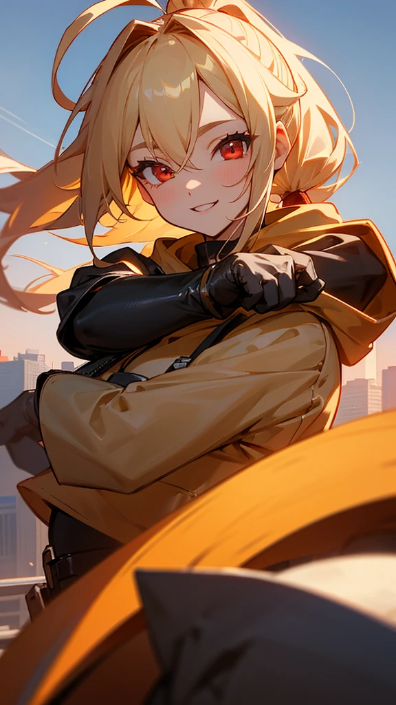 1 Girl、solo、Wearing a hoodie、Wearing black leather gloves、Blonde ponytail、Ahoge、Beautiful red eyes、smile、Highly detailed face、Ultra-detailed illustrations、Golden Hour Sky、Skyscraper rooftop