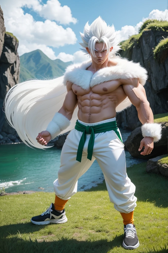 Create a Saiyan Man with Big White Hair and White Fur on his arms and white fur covering the lower part of his belly and sinister black eyes and his skin is brown and he is Muscular and he has a white tail and his pants are green and his sneakers orange with green belt and his yellow Aura and he is in a fighting pose the setting is an island with a beautiful river and the ground full of grass and green (アニメ/Full Body)
