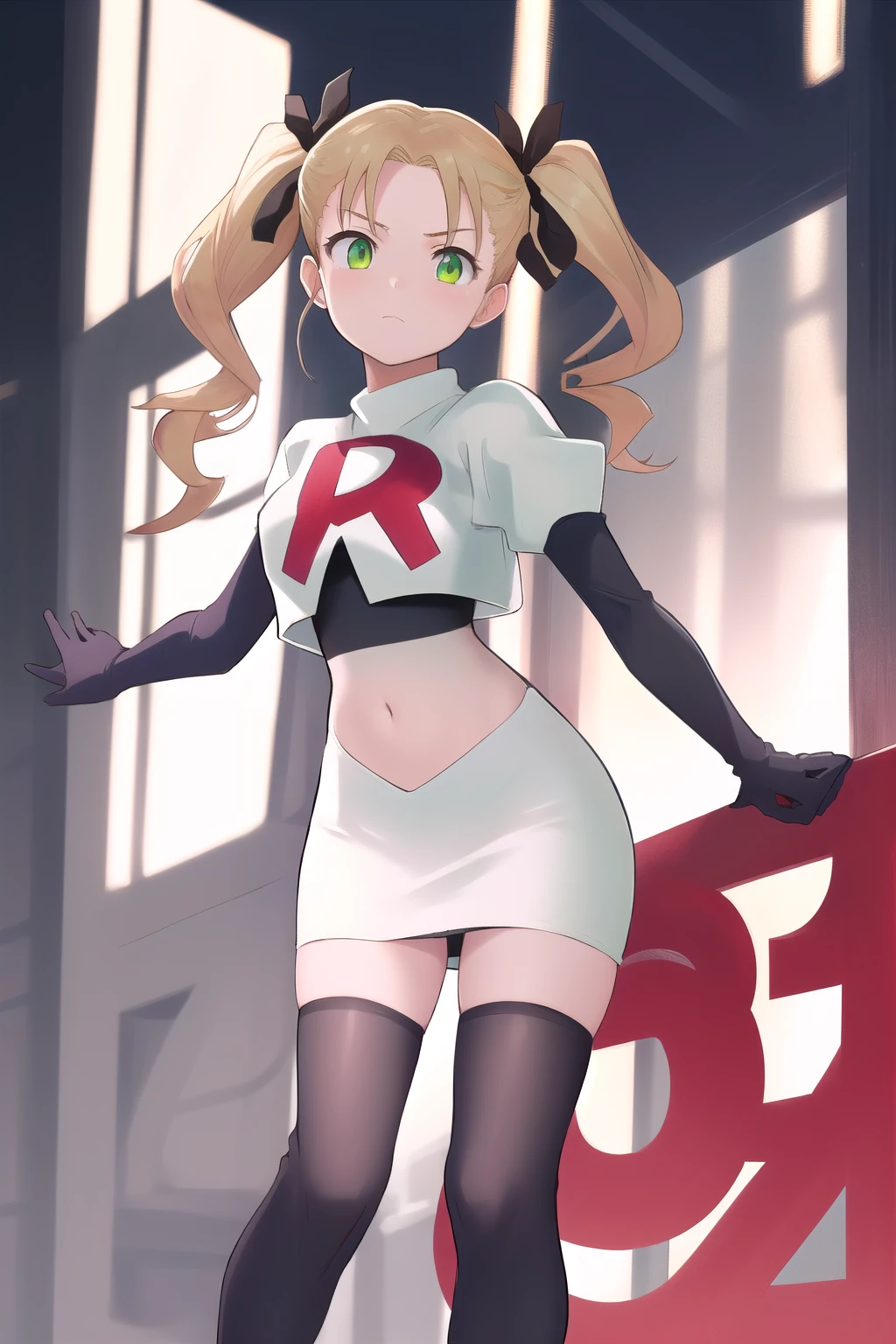 masterpiece, best quality, highres, 1girl twintails hair ribbon, green eyes, team rocket,team rocket uniform,white skirt,red letter R,crop top,black thigh-highs,black elbow gloves