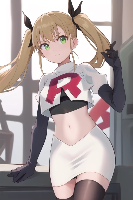 masterpiece, best quality, highres, 1girl twintails hair ribbon, green eyes, team rocket,team rocket uniform,white skirt,red letter R,crop top,black thigh-highs,black elbow gloves