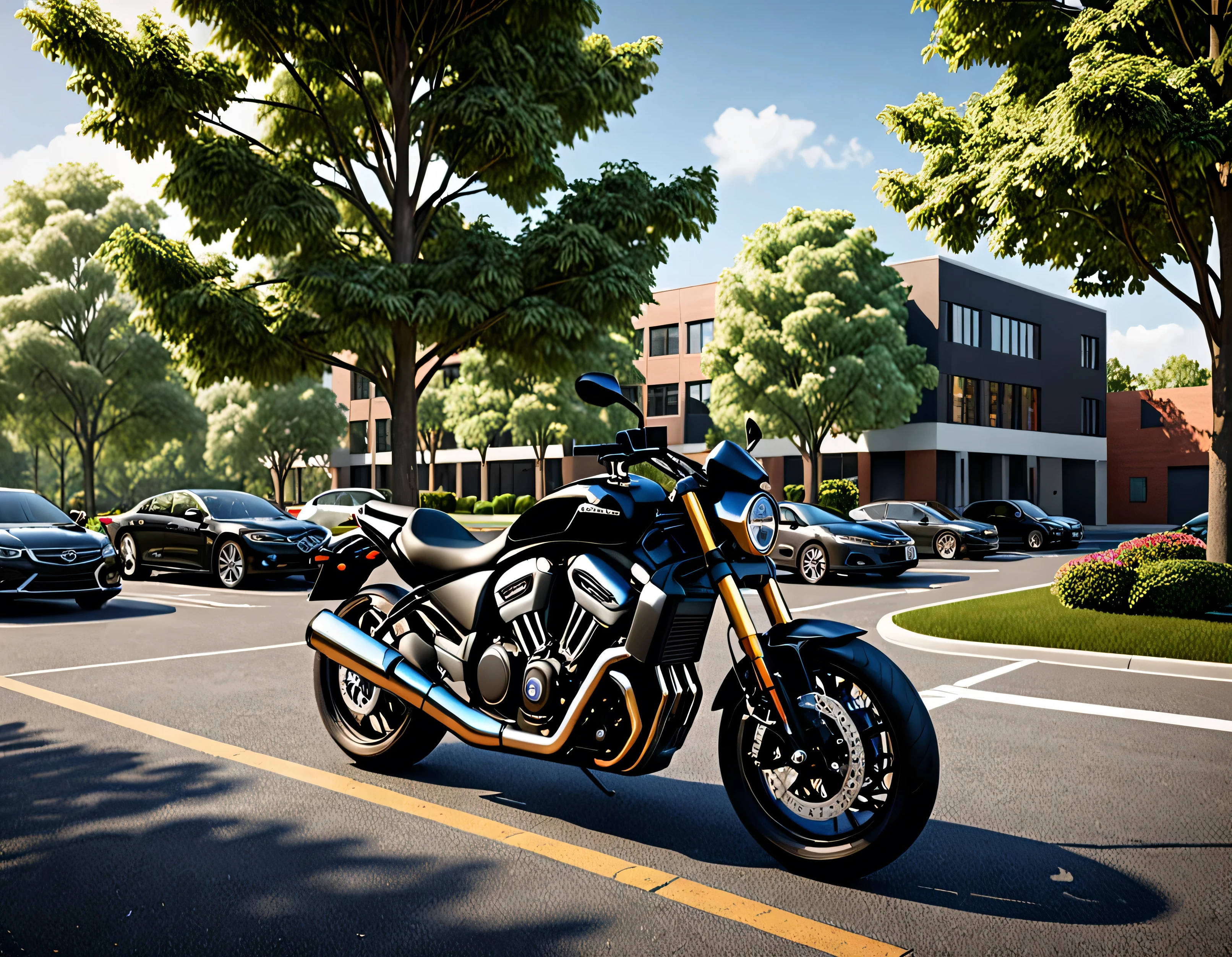 black motorcycle parke, cars parked in a parking lot with trees in the foreground,university parking, detailed rendering, a photorealistic rendering, realistic rendering, photorealistic rendering, realistic scene, photorealistic streetscape, cg rendering, rendered in lumion pro, realistic physical rendering, digital rendering, beautiful rendering, 3d rendering!, 3 d rendering!, hyper detailed scene, architectural rendering