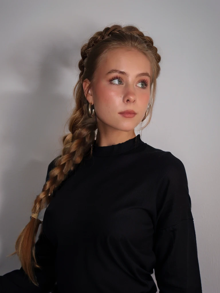 femme arafée aux cheveux longs dans un black top et une tresse, Female model, Elena Belova, fille avec des tresses, blonde braids and blue eyes, Dasha Taran, portrait de haute qualité, Portrait de Sophie Mudd, Sophie Turner Fille, portrait doux 8 k, long braided hair pulled back, style de Julia Razumova, belle fille, tetas grandes, black top, plain white background, white background, Fond uni, tetas grandes